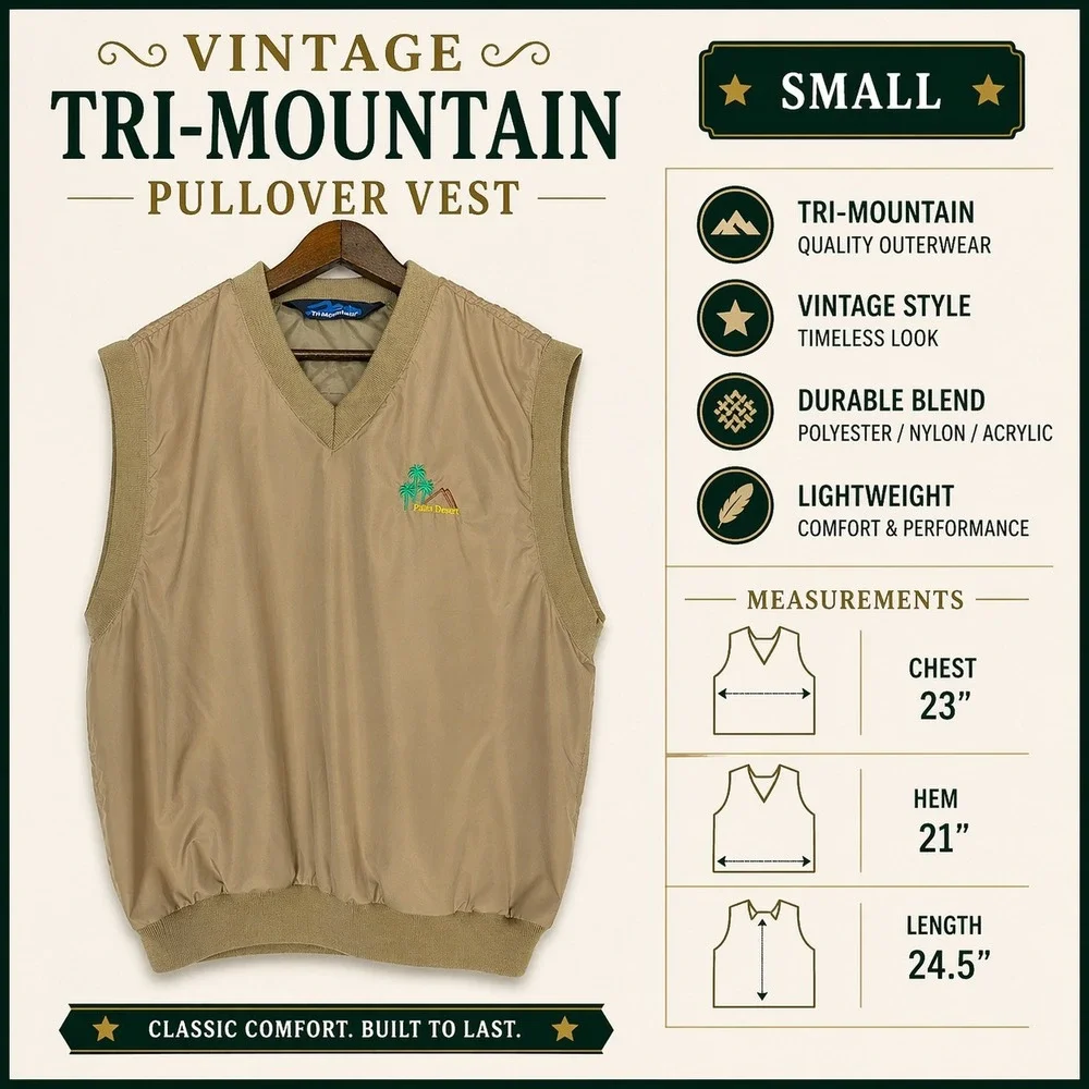 Tri-Mountain Palm Desert Windbreaker Vest Mens Small‎ Tan Khaki V-Neck Golf S